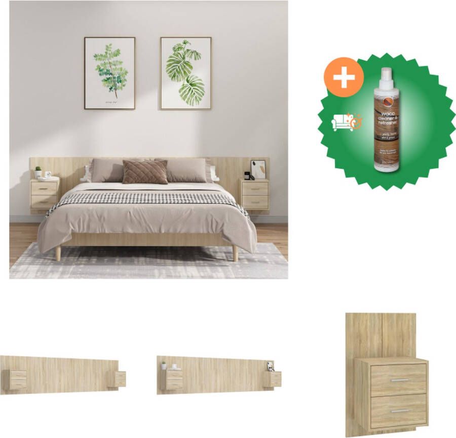 VidaXL Nachtkastje Set met Zwevend Hoofdbord Sonoma Eiken Wandmontage Opbergruimte 48.5x32.5x80 cm Bewerkt Hout Bedonderdeel Inclusief Houtreiniger en verfrisser - Foto 4