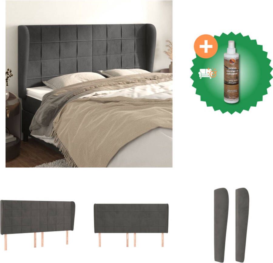 VidaXL Klassiek Hoofdbord Donkergrijs 183x23x118 128 cm Fluweel Hout Verstelbare Hoogte Bedonderdeel Inclusief Houtreiniger en verfrisser