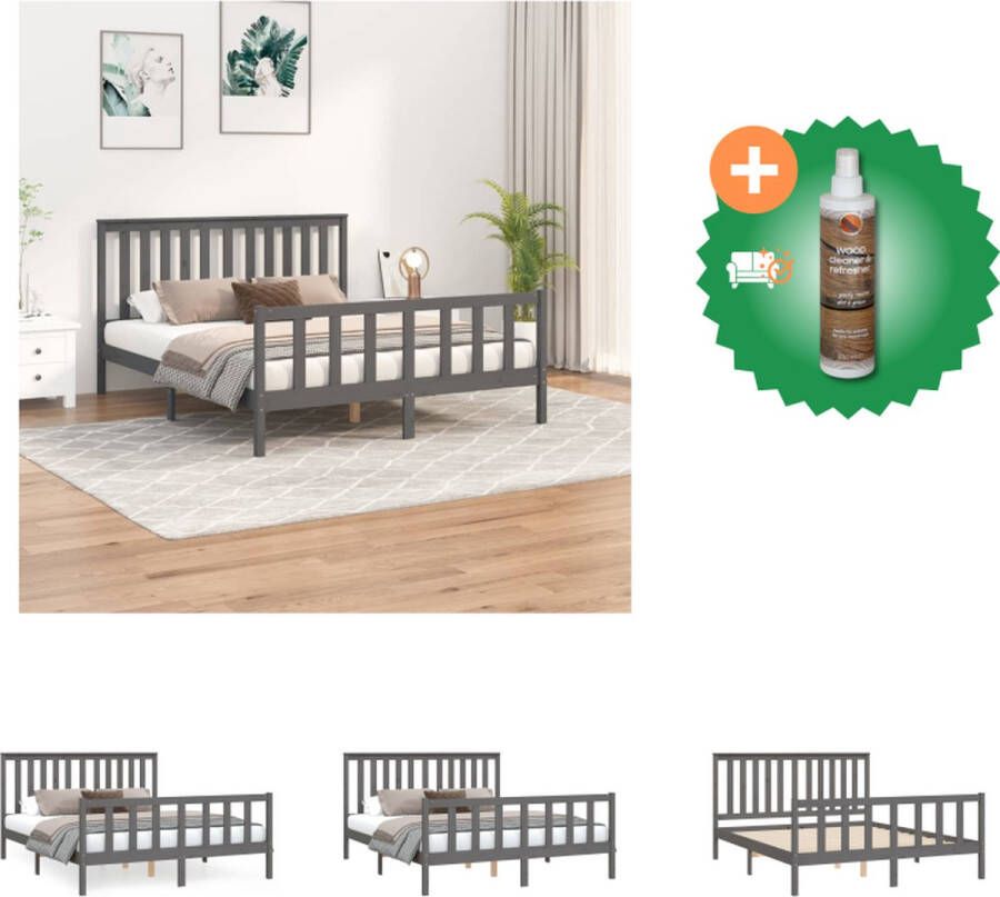 VidaXL Klassiek Houten Bedframe Grijze Kleur Massief Grenenhout 205.5 x 156 x 101 cm 150 x 200 cm geschikte matras Bed Inclusief Houtreiniger en verfrisser