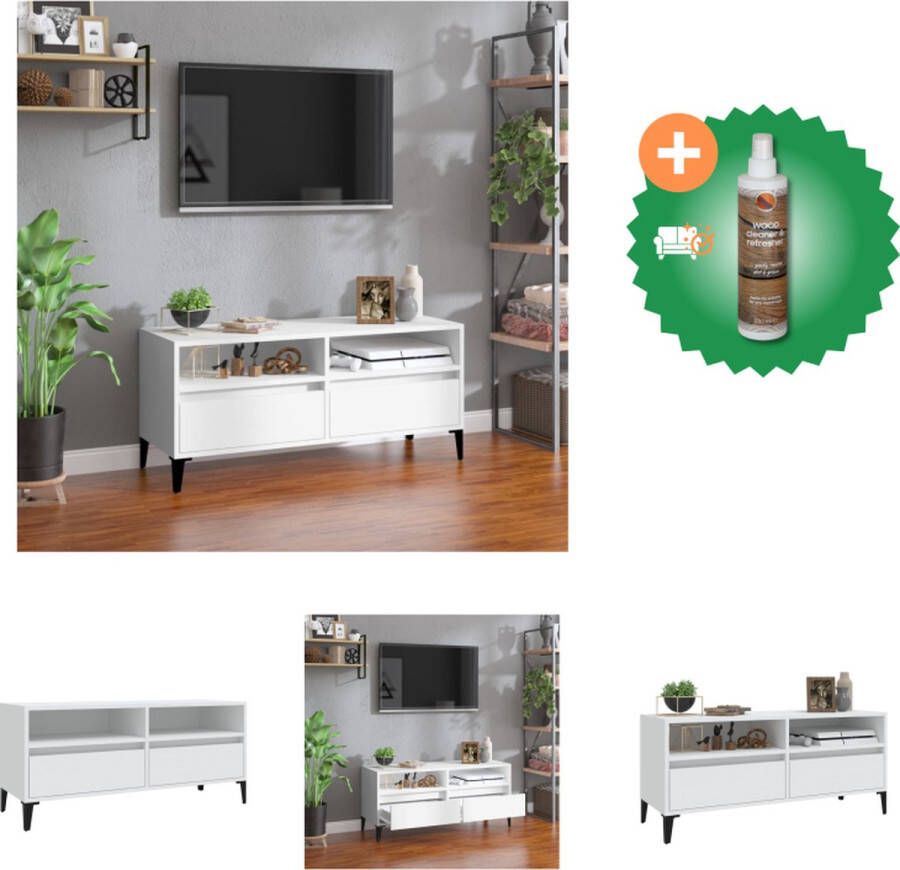 VidaXL Tv-meubel Wit 100x34.5x44.5 cm Bewerkt hout IJzeren poten Kast Inclusief Houtreiniger en verfrisser - Foto 3