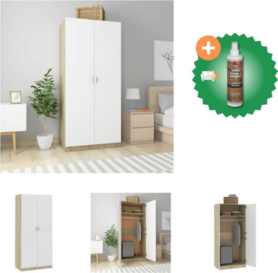 VidaXL Kledingkast 90x52x200 cm bewerkt hout wit en sonoma eiken Kast Inclusief Houtreiniger en verfrisser