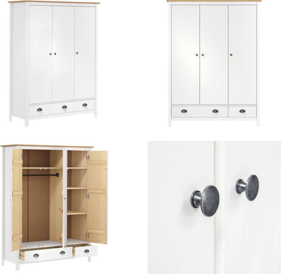 VidaXL Kledingkast Hill 3 deuren 127x50x170 cm massief grenenhout wit Kledingkast Kledingkasten Klerenkast Garderobekast