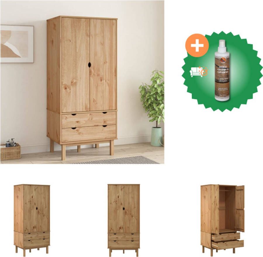 VidaXL Kledingkast OTTA Massief grenenhout 76.5 x 53 x 172 cm 2 lades 1 groot vak Kast Inclusief Houtreiniger en verfrisser