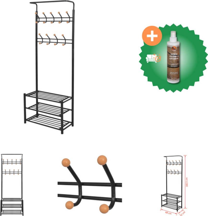VidaXL Kledingrek Zwart Staal en Kunststof 68 x 32 x 182.5 cm Met hangers en planken Kapstok Inclusief Houtreiniger en verfrisser