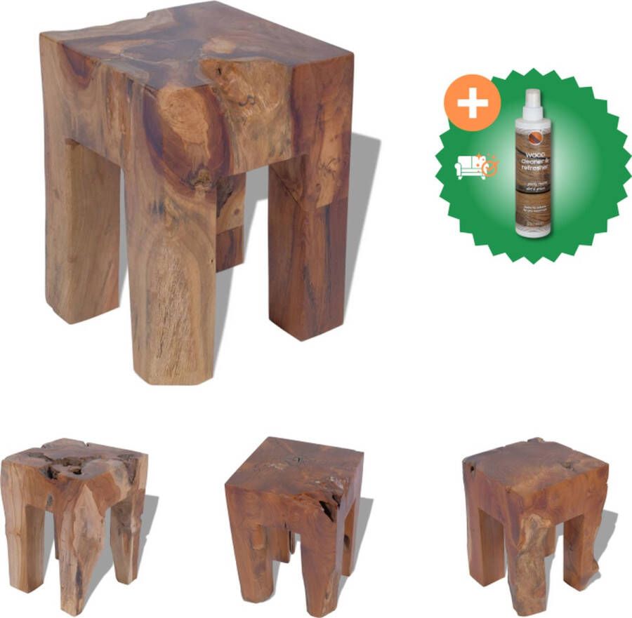 VidaXL Kruk Massief Teakhout 30 x 30 x 40 cm Handgemaakt Krukje Inclusief Houtreiniger en verfrisser