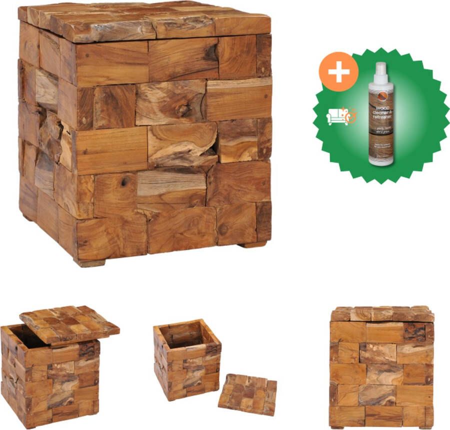 VidaXL Kruk Rustiek Teakhout 40x40x45 cm Met opslagruimte Krukje Inclusief Houtreiniger en verfrisser