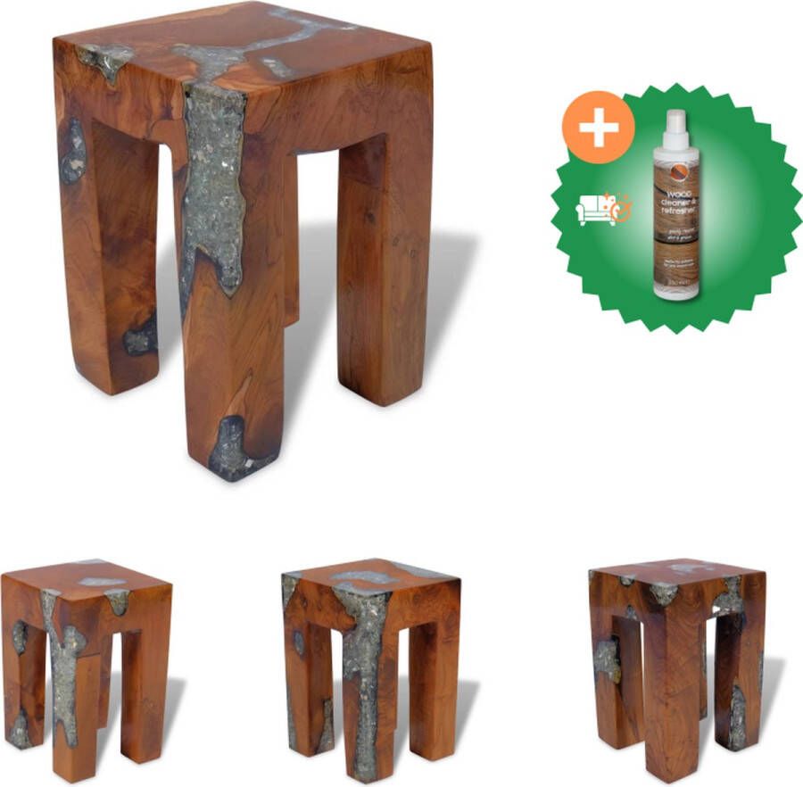 VidaXL Kruk Rustieke Charme Massief teakhout 30x30x40 cm Handgemaakt Krukje Inclusief Houtreiniger en verfrisser