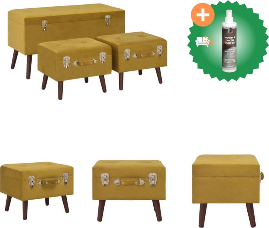 VidaXL Krukkenset Fluweel Mosterdgeel Bruin Opbergruimte 85x38x47cm 40x33x33cm Hocker Inclusief Reiniger