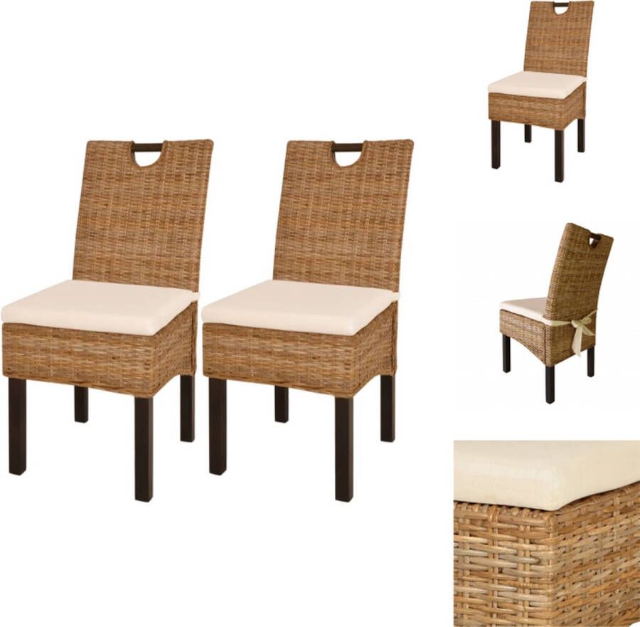 VidaXL Kubu Rattan Eetkamerstoelen 46x57x96 cm Natuurlijke Rattan Mangohout Wit Kussen Eetkamerstoel