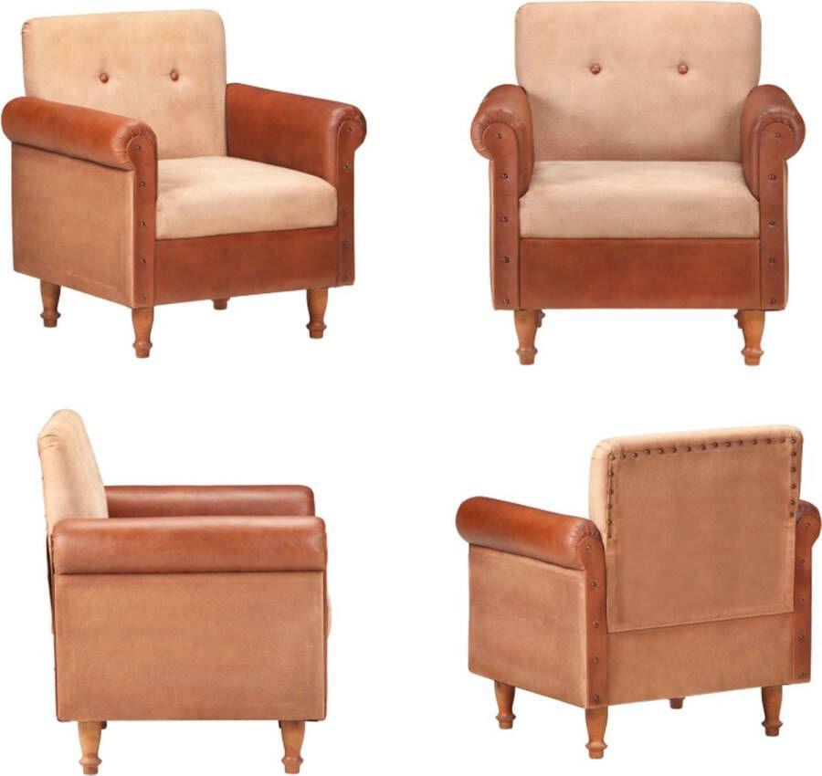 VidaXL Kuipstoel echt leer en canvas bruin Fauteuil Fauteuils Kuipstoel Kuipstoelen