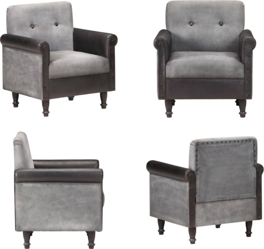 VidaXL Kuipstoel echt leer en canvas zwart Fauteuil Fauteuils Kuipstoel Kuipstoelen