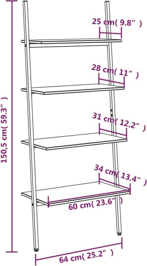 VidaXL -Ladderrek-met-4-schappen-64x34x150 5-cm-lichtbruin-en-zwart - Foto 2