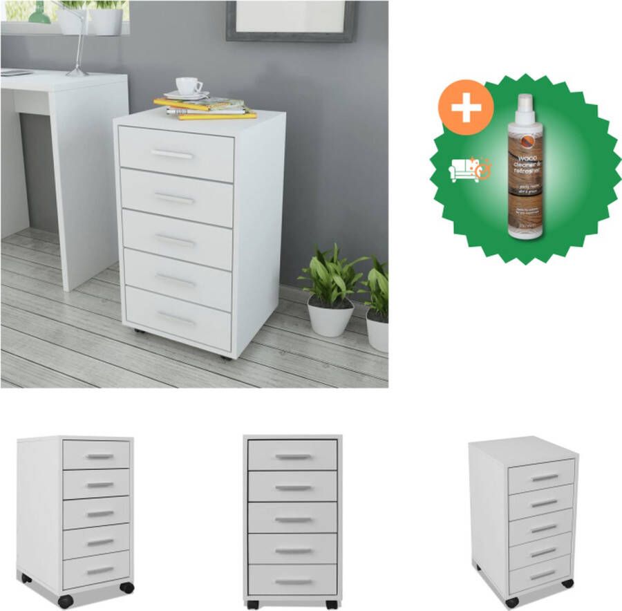 VidaXL Ladeblok Kantoor 33 x 38 x 63 cm 5 Lades Wit Aluminium handvatten Kast Inclusief Houtreiniger en verfrisser