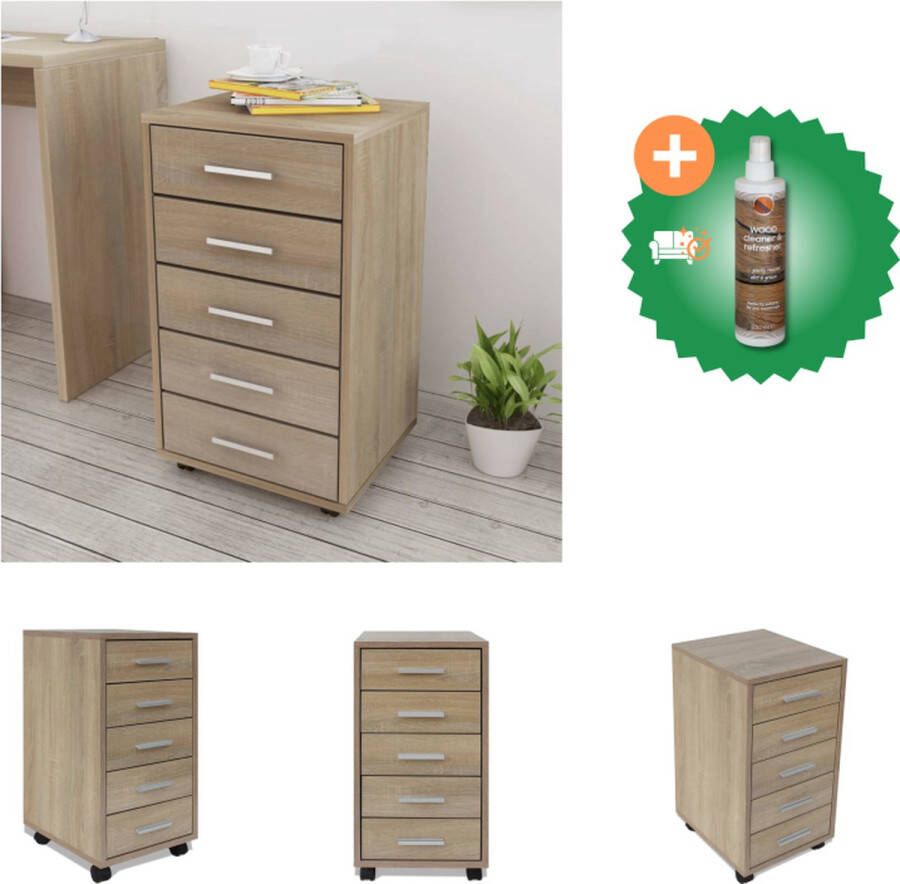 VidaXL Kantoor ladeblok op wielen 5 lades eiken Kast Inclusief Houtreiniger en verfrisser