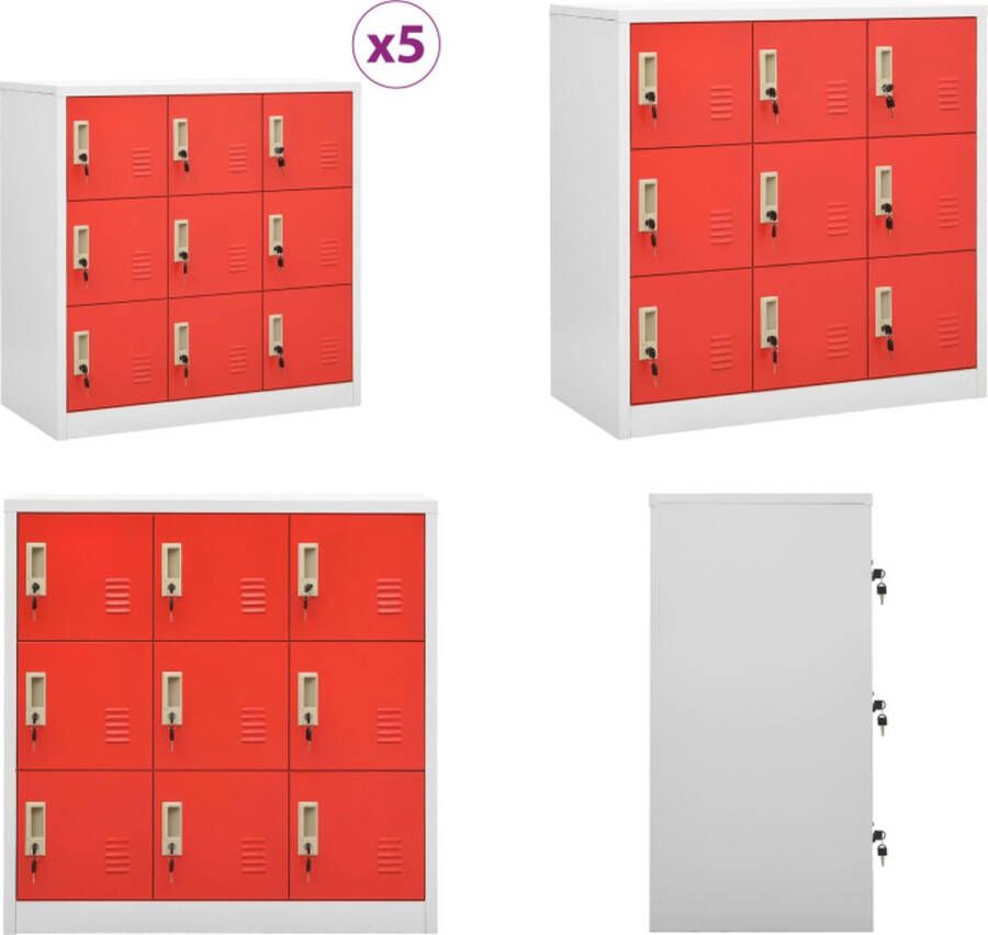 VidaXL Lockerkasten 5 st 90x45x92-5 cm staal lichtgrijs en rood Lockerkast Lockerkasten Locker Kast Locker Kasten