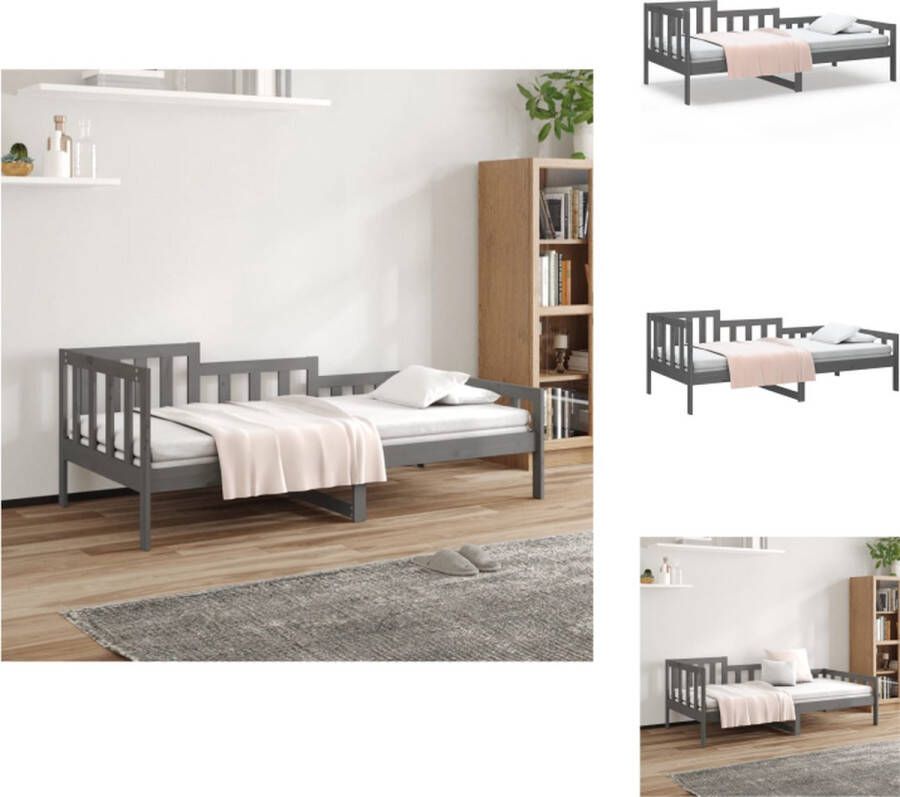 VidaXL Logeerbed Massief grenenhout 3-zijdig bedhek Gelat ontwerp Veelzijdig bed Extra opbergruimte Kleur- grijs Afmetingen- 193.5 x 96 x 68.5 cm Geschikte matras- 90 x 190 cm Bed