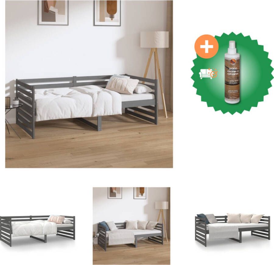VidaXL Logeerbed Massief grenenhout 3-zijdig bedhek Gelat ontwerp Veelzijdig Extra opbergruimte Grijs 193.5 x 96 x 68.5 cm (L x B x H) Geschikte matras- 90 x 190 cm (B x L) Bed Inclusief Houtreiniger en verfrisser