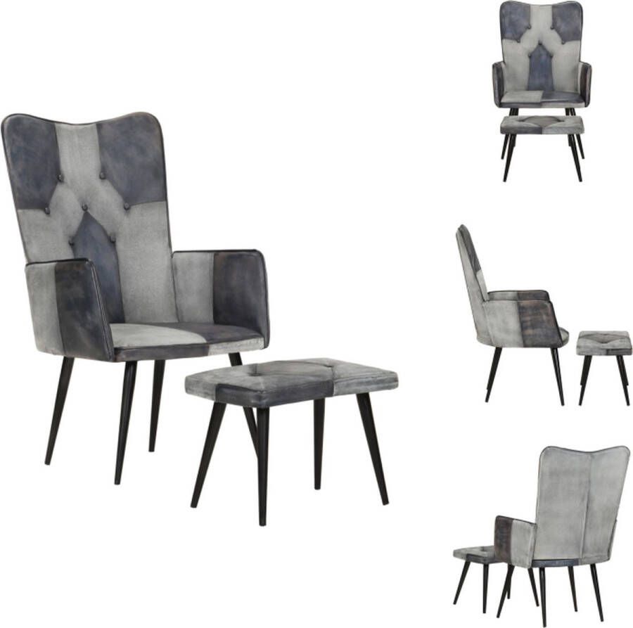 VidaXL Fauteuil Met Voetenbank Fauteuils Met Voetenbanken Zetel Met Voetenbankje Zetel Fauteuil met voetensteun echt leer en canvas grijs - Foto 2