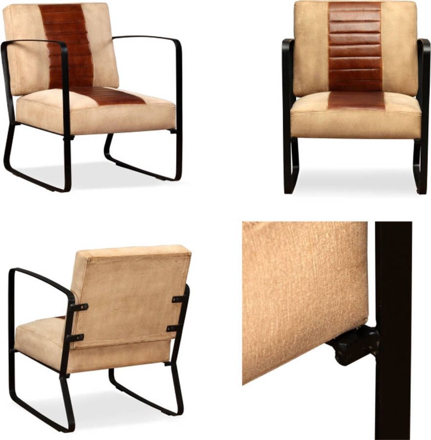 VidaXL Loungestoel echt geitenleer en canvas bruin Stoel Stoelen Loungestoel Loungestoelen
