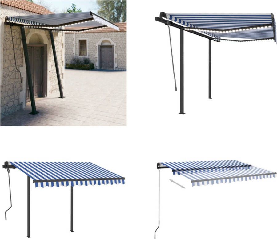 VidaXL Luifel handmatig uittrekbaar met LED 3x2-5 m blauw en wit Uitschuifbare Luifel Uitschuifbare Luifels Uittrekbare Luifel Uittrekbare Luifels