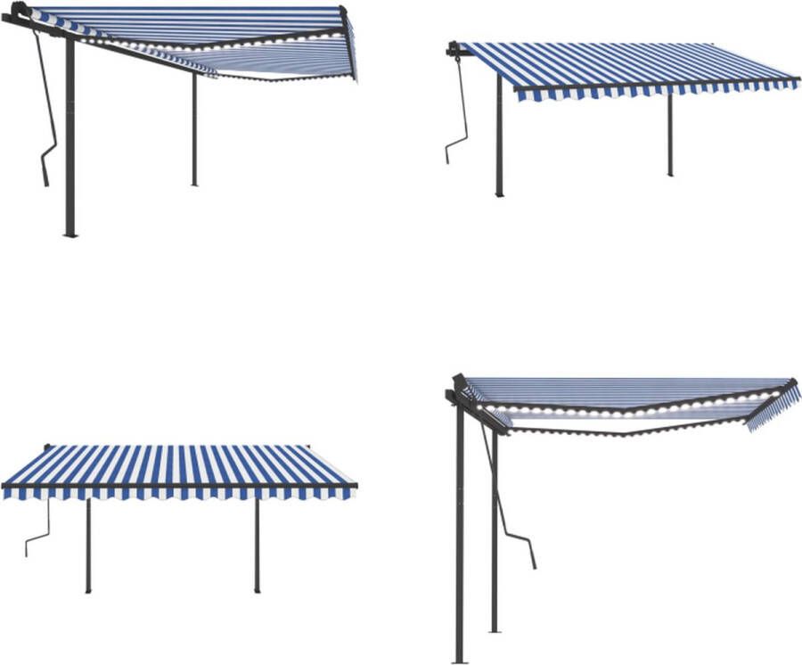 VidaXL Luifel handmatig uittrekbaar met LED 4-5x3-5 m blauw en wit Uitschuifbare Luifel Uitschuifbare Luifels Uittrekbare Luifel Uittrekbare Luifels