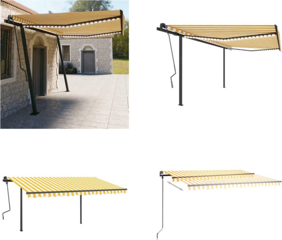 VidaXL Luifel handmatig uittrekbaar met LED 4-5x3 m geel en wit Uitschuifbare Luifel Uitschuifbare Luifels Uittrekbare Luifel Uittrekbare Luifels