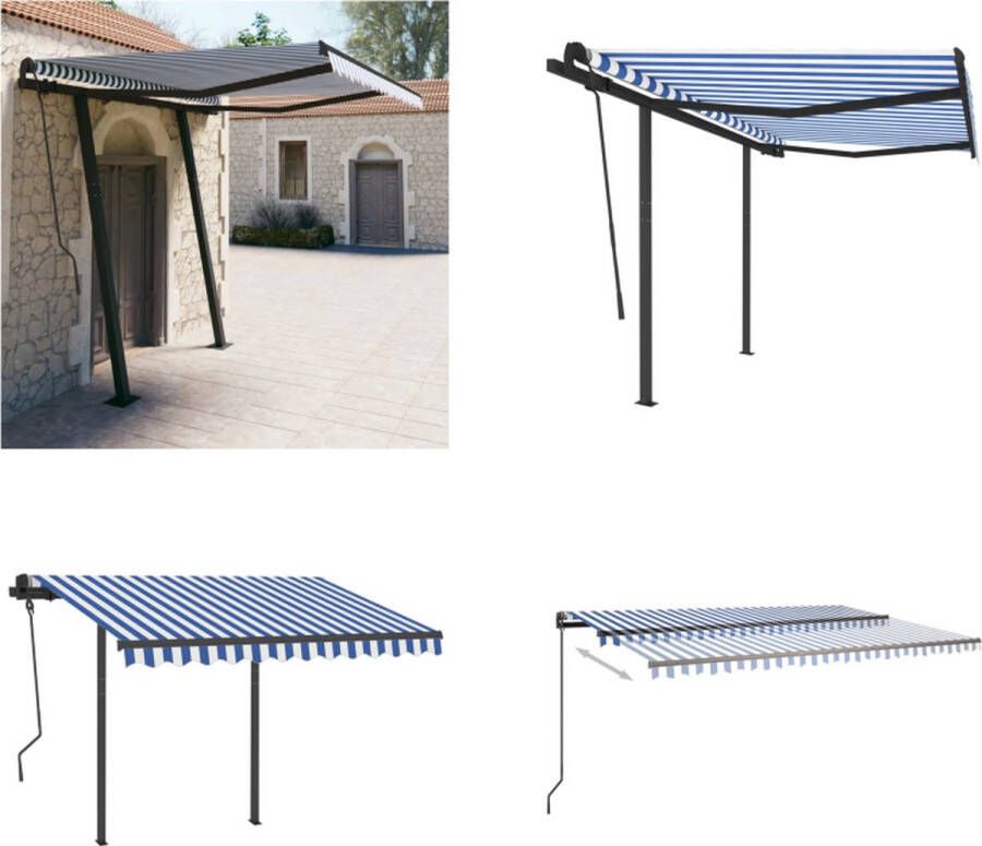 VidaXL Luifel handmatig uittrekbaar met palen 3x2-5 m blauw en wit Uitschuifbare Luifel Uitschuifbare Luifels Uittrekbare Luifel Uittrekbare Luifels
