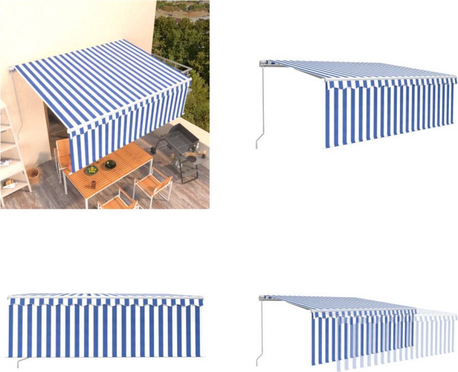 VidaXL Luifel handmatig uittrekbaar met rolgordijn 4x3 m blauw en wit Uitschuifbare Luifel Uitschuifbare Luifels Uittrekbare Luifel Uittrekbare Luifels