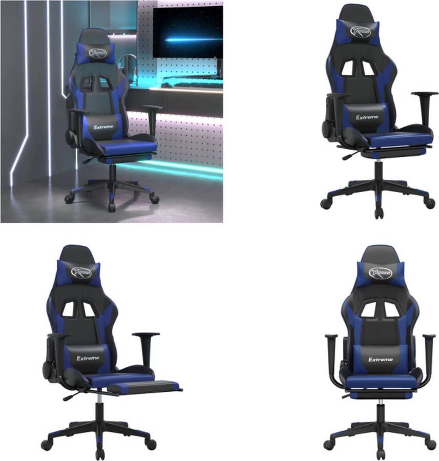 VidaXL Massage gamestoel met voetensteun kunstleer zwart en blauw Gamingstoel Gamingstoelen Televisiestoel Racingstoel