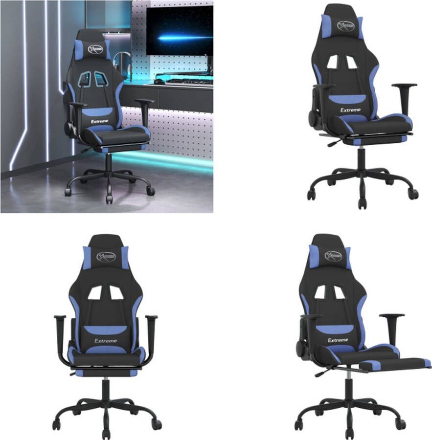 VidaXL Massage gamestoel met voetensteun stof zwart en blauw Gamingstoel Gamingstoelen Televisiestoel Racingstoel