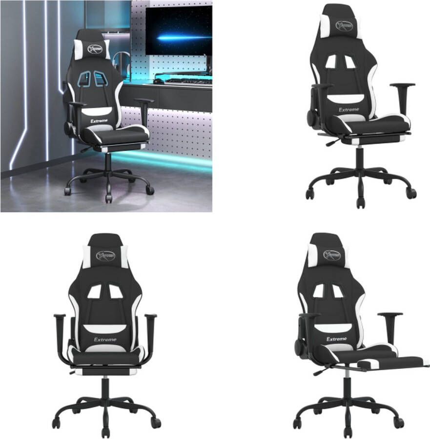 VidaXL Massage gamestoel met voetensteun stof zwart en wit Gamingstoel Gamingstoelen Televisiestoel Racingstoel
