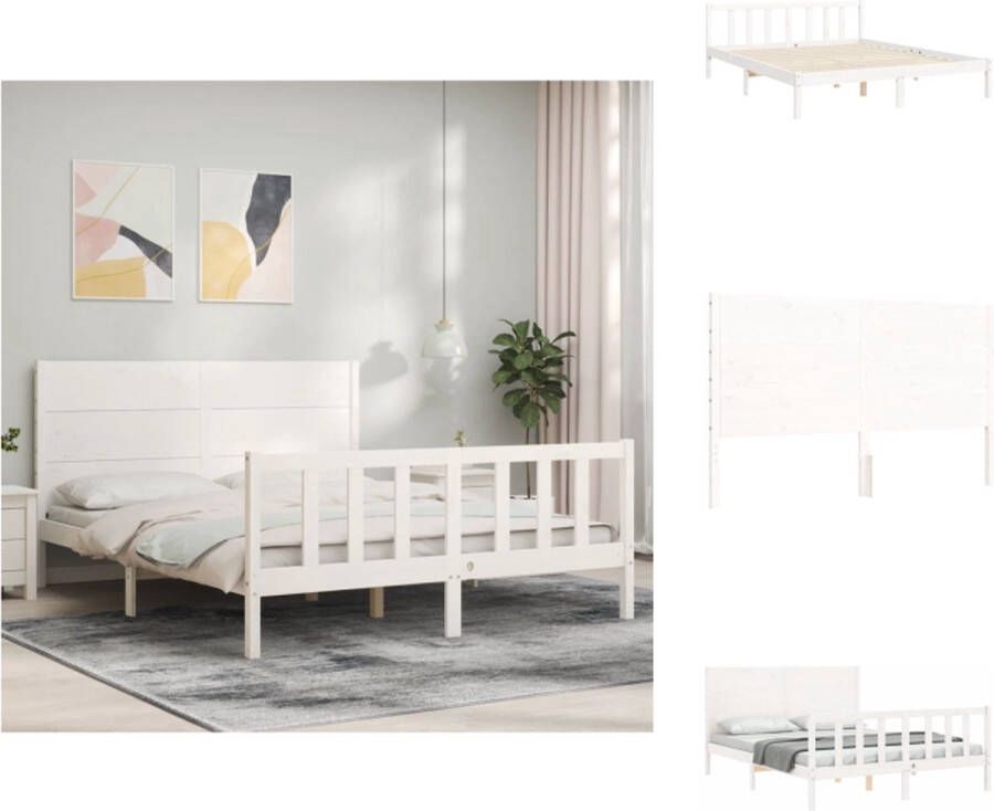 VidaXL Bedframe Massief Grenenhout Wit 205.5 x 155.5 x 100 cm Multiplex Lattenbodem Functioneel Hoofd- en Voeteneinde Bed - Foto 6