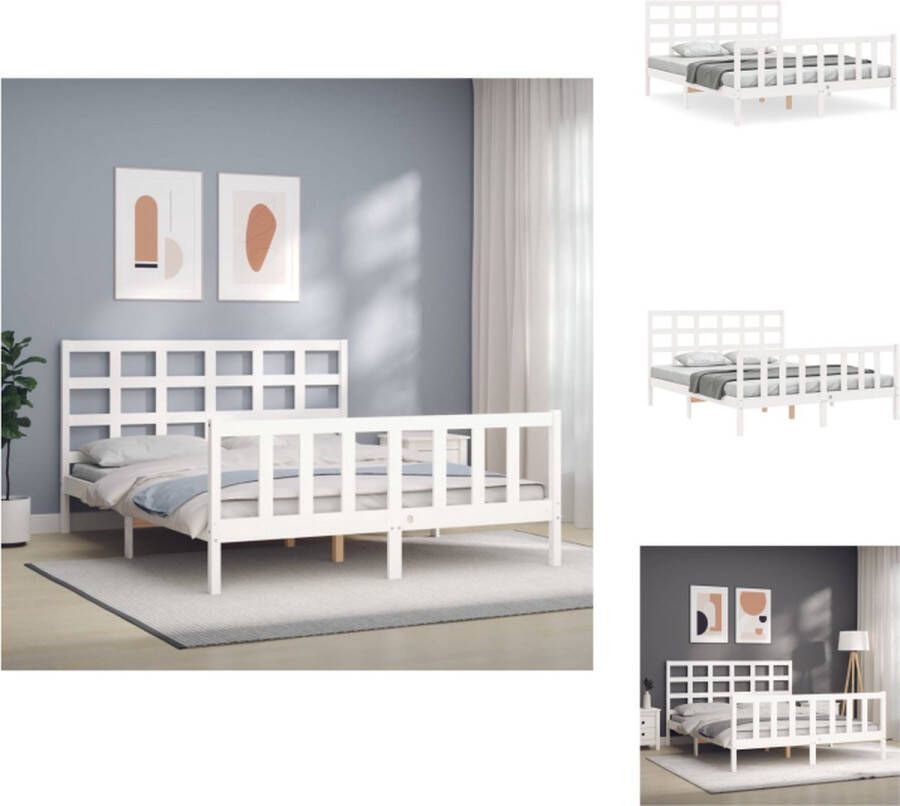VidaXL Bedframe Massief Grenenhout Wit 205.5 x 165.5 x 100 cm Multiplex lattenbodem Functioneel hoofd- en voeteneinde Matras niet inbegrepen Montage vereist Bed - Foto 3