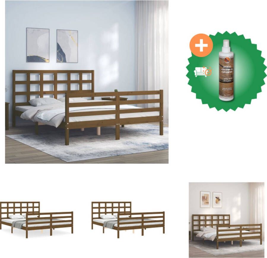 VidaXL Bedframe Massief Grenenhout Multiplex Lattenbodem Functioneel hoofd- en voeteneinde 205.5 x 165.5 x 100 cm Honingbruin Bed Inclusief Houtreiniger en verfrisser - Foto 2