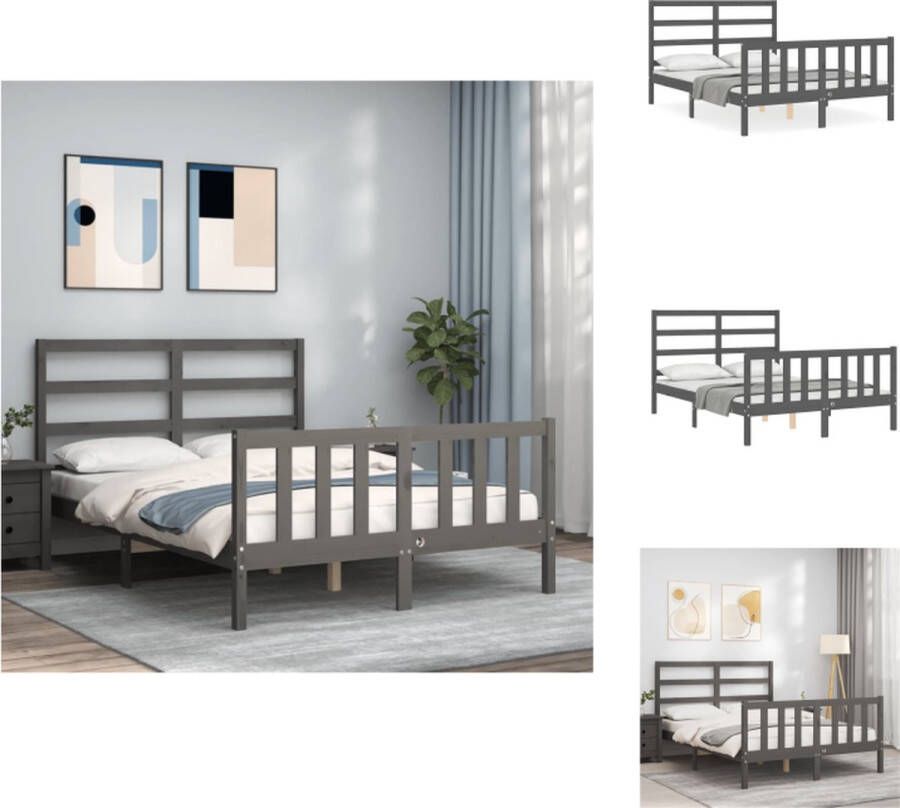 VidaXL Bedframe Bedframes Bed Tweepersoonsbed Bedframe met hoofdbord massief hout grijs 4FT6 Double - Foto 2