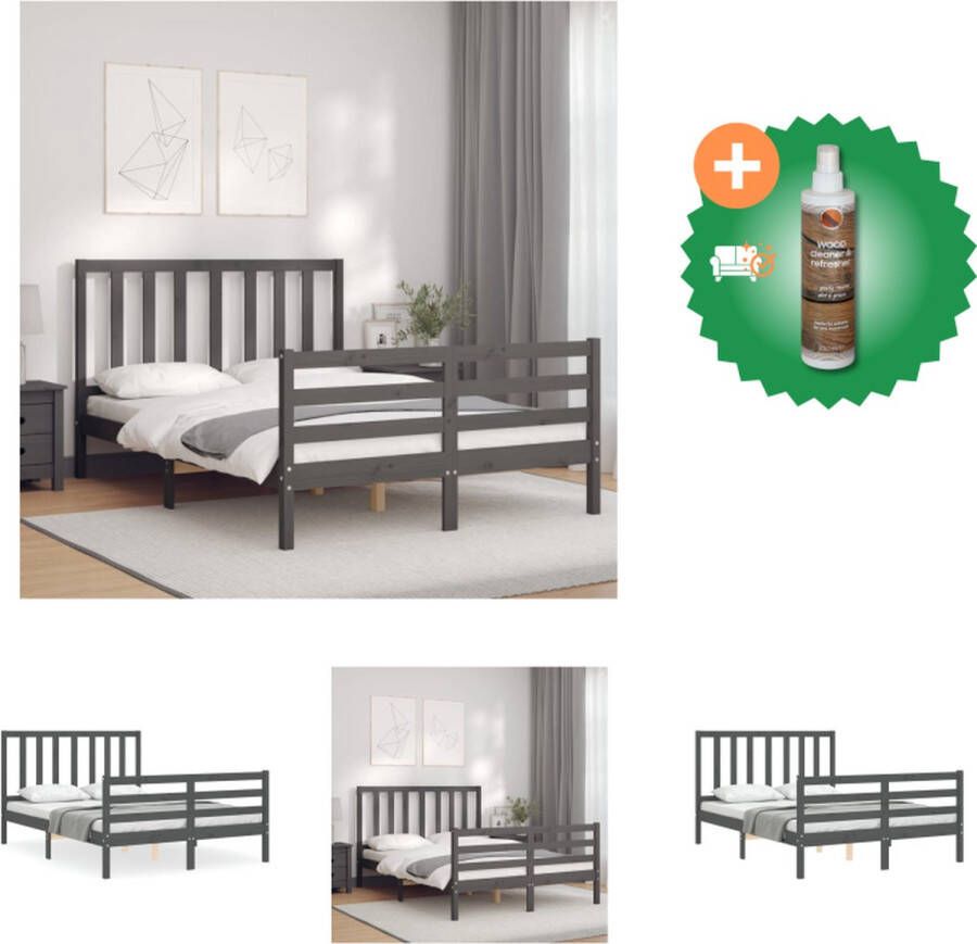 VidaXL Massief Grenenhouten Bedframe Grijs 195.5 x 140.5 x 100 cm Multiplex Lattenbodem Bed Inclusief Houtreiniger en verfrisser - Foto 2