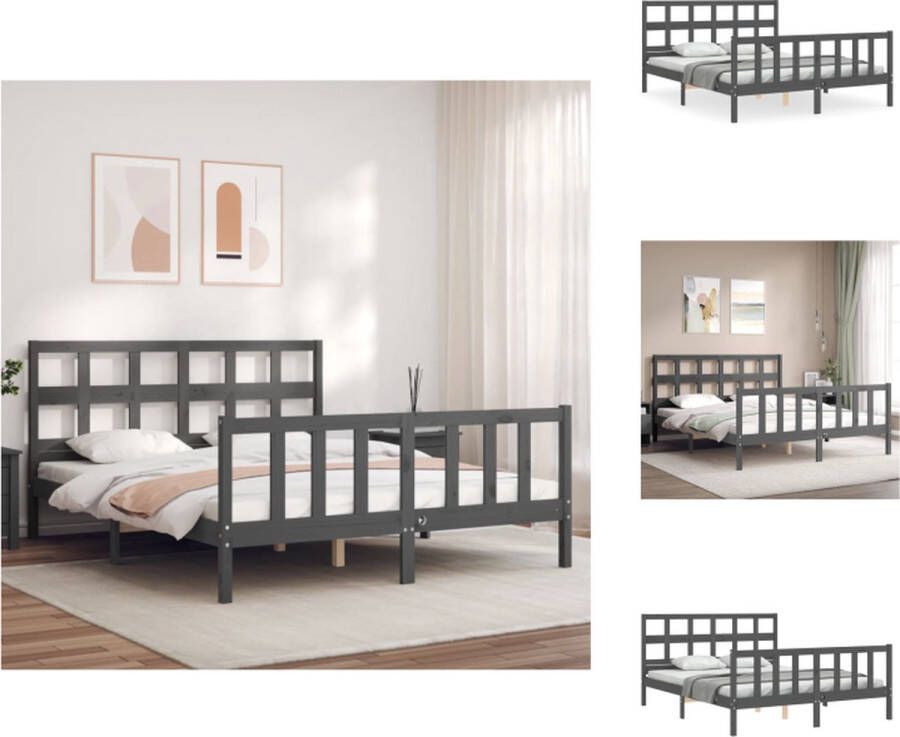 VidaXL Massief Grenenhouten Bedframe Grijs 205.5 x 155.5 x 100 cm (LxBxH) Multiplex lattenbodem Functioneel hoofd- en voeteneinde Bed