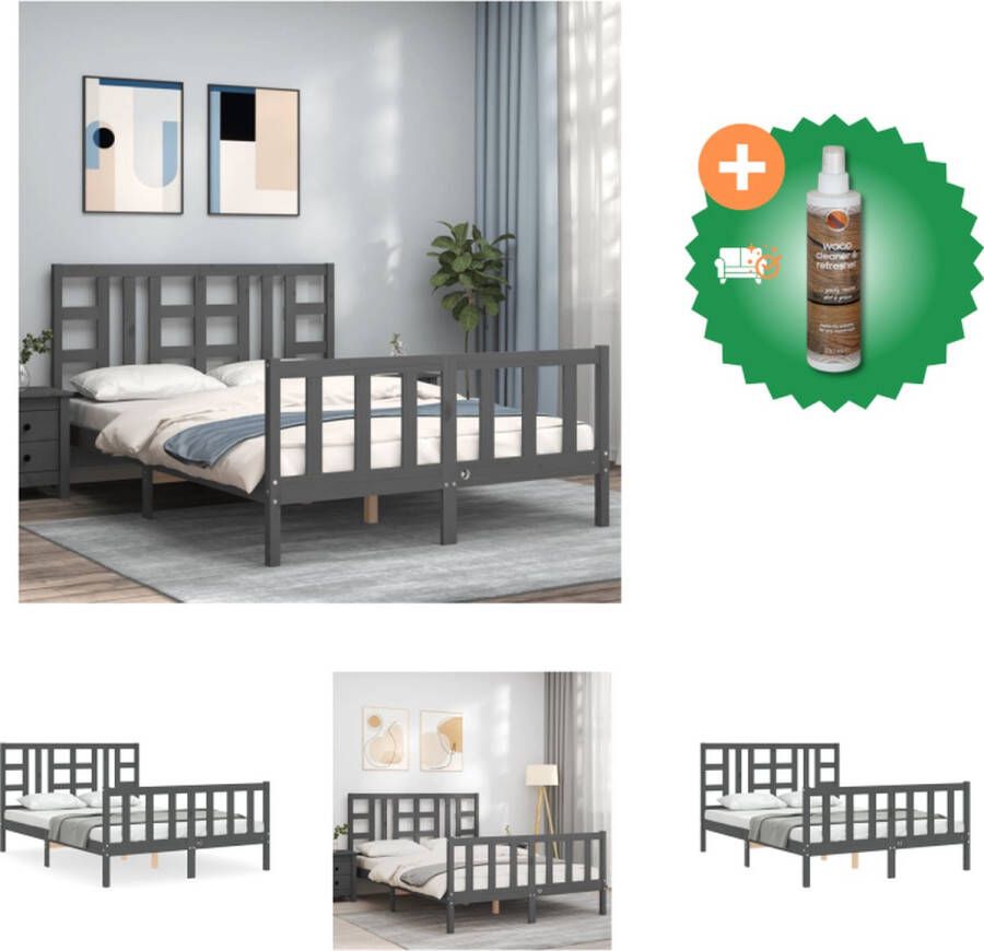 VidaXL Massief Grenenhouten Bedframe Grijs 205.5 x 155.5 x 100 cm Multiplex lattenbodem Bed Inclusief Houtreiniger en verfrisser