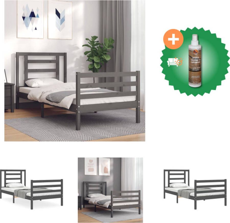 vidaXL Massief Grenenhouten Bedframe Grijs 205.5 x 95.5 x 100 cm Multiplex lattenbodem Bed Inclusief Houtreiniger en verfrisser