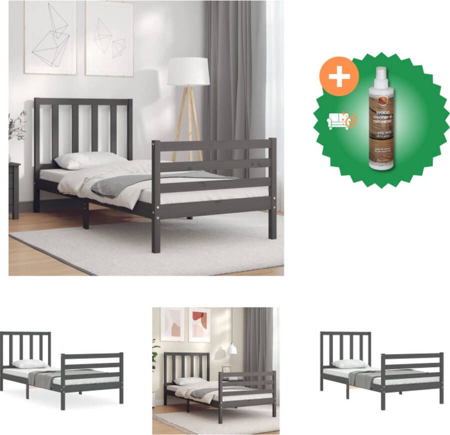 vidaXL Massief grenenhouten bedframe Grijs 205.5 x 95.5 x 100 cm Multiplex lattenbodem Bed Inclusief Houtreiniger en verfrisser