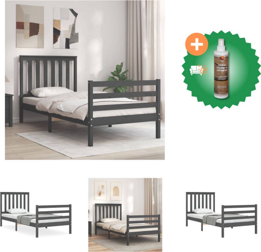 vidaXL Massief Grenenhouten Bedframe Grijs 205.5 x 95.5 x 101 cm Multiplex lattenbodem Bed Inclusief Houtreiniger en verfrisser