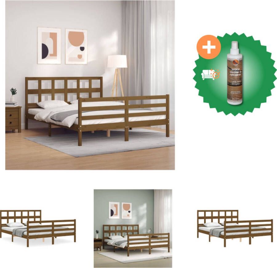 VidaXL Massief grenenhouten bedframe honingbruin 205.5 x 165.5 x 100 cm met multiplex lattenbodem Bed Inclusief Houtreiniger en verfrisser