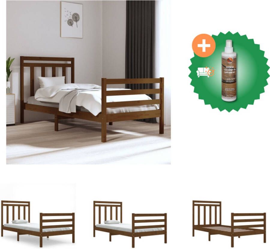 VidaXL Massief Grenenhouten Bedframe Klassiek Bedframe Afmeting- 205.5 x 95.5 x 69.5 cm Ken- Multiplex lattenbodem Kleur- Honingbruin Bed Inclusief Houtreiniger en verfrisser