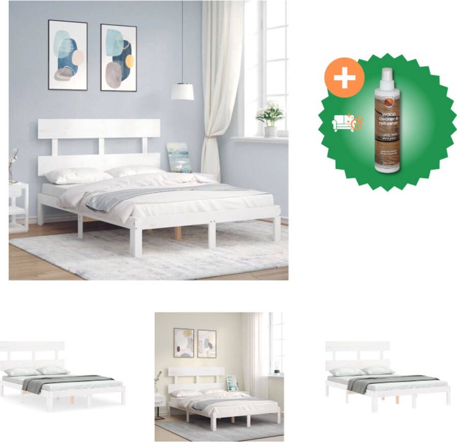 VidaXL Massief Grenenhouten Bedframe Wit 193.5 x 138.5 x 81 cm Multiplex Lattenbodem Bed Inclusief Houtreiniger en verfrisser