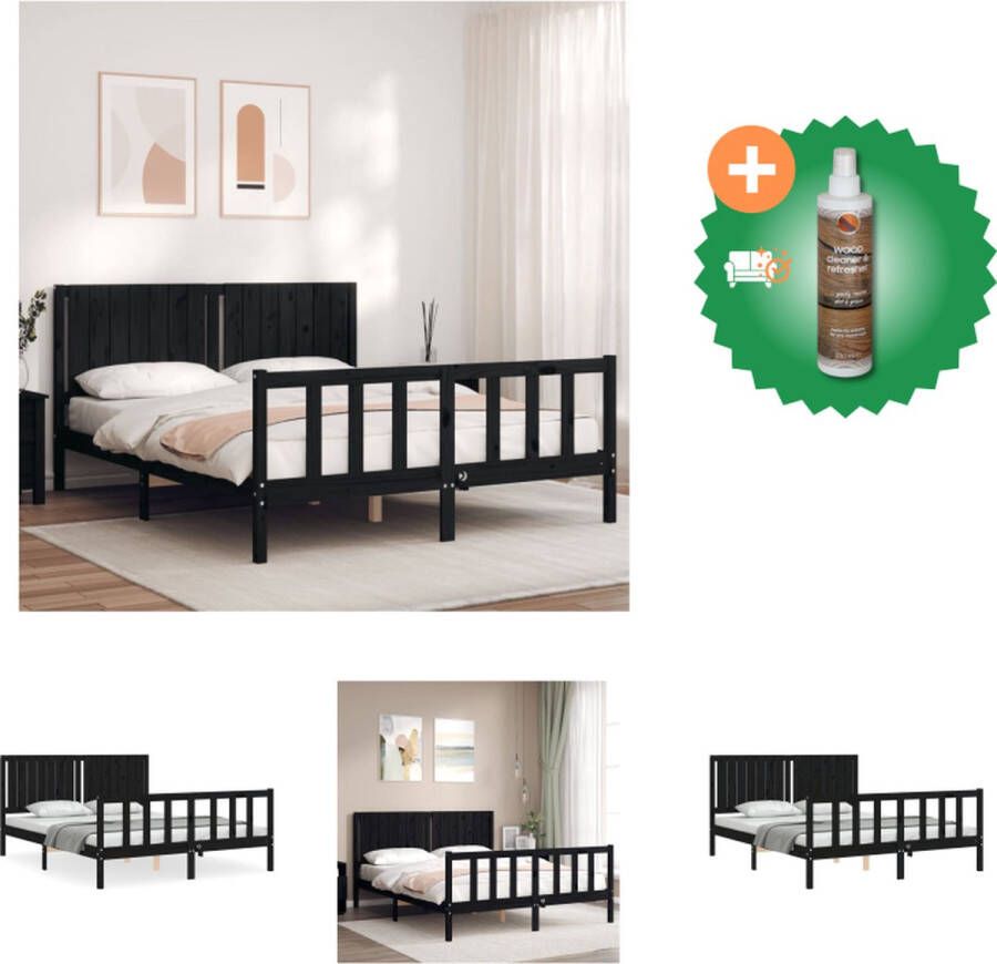 VidaXL Massief Grenenhouten Bedframe Zwart 205.5 x 155.5 x 100 cm Multiplex Lattenbodem Functioneel Hoofd- en Voeteneinde Bed Inclusief Houtreiniger en verfrisser
