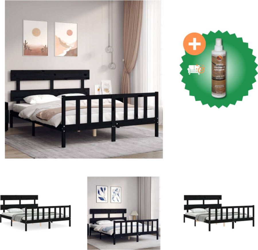 VidaXL Massief Grenenhouten Bedframe Zwart 205.5 x 155.5 x 81 cm Multiplex Lattenbodem Functioneel hoofd- en voeteneinde Bed Inclusief Houtreiniger en verfrisser