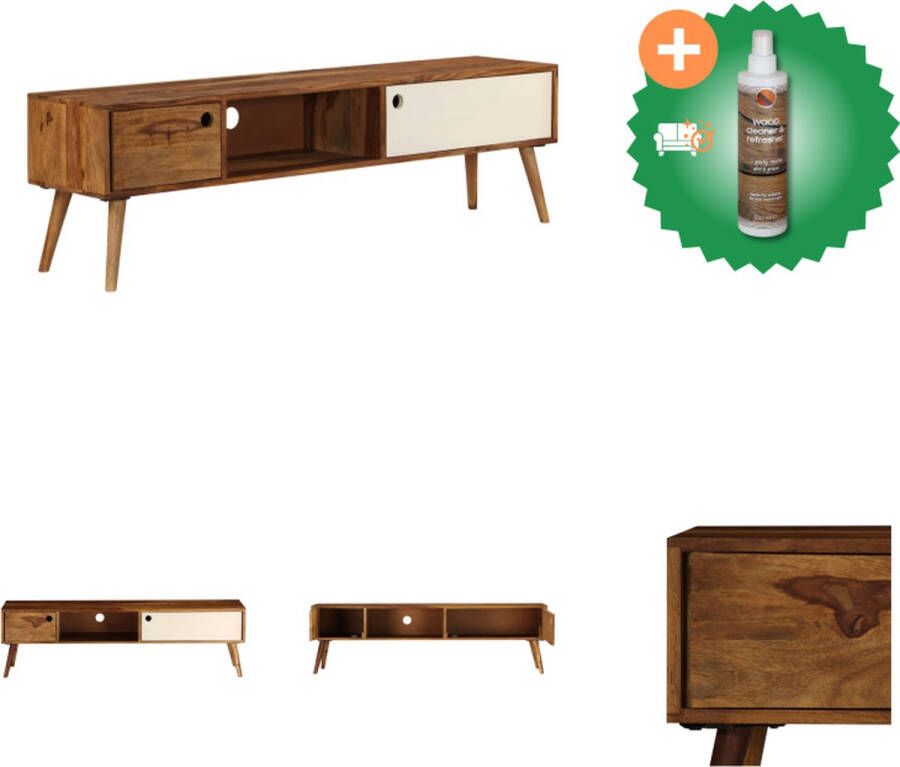 VidaXL Massief Sheeshamhouten TV-kast 140 x 30 x 40 cm Met 3 opbergvakken Bruin en wit Kast Inclusief Houtreiniger en verfrisser - Foto 2