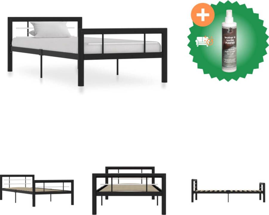 VidaXL Metalen Bedframe Classic Bed Afmetingen- 212 x 97.5 x 65.5 cm Kleur- Zwart en Wit Materiaal- Metaal Geschikte matras- 90 x 200 cm Slaaphoogte- 32 cm Inclusief lattenbodem Montage vereist Bed Inclusief Reiniger