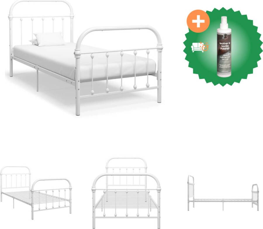 VidaXL Metalen Bedframe klassiek en elegant bedframe Afmetingen- 213 x 111 x 109 cm Ken- massieve constructie Kleur- wit Materiaal- metaal Geschikte matras- 100 x 200 cm Slaaphoogte- 32 cm Montage vereist Bed Inclusief Reiniger