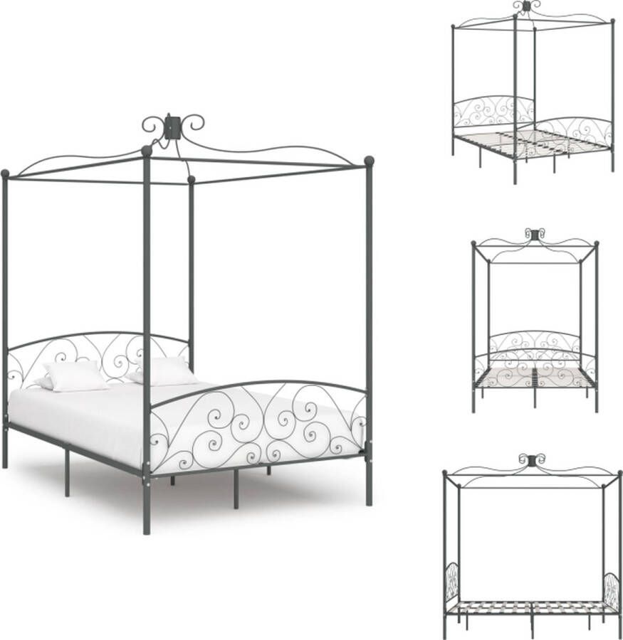 VidaXL Metalen Hemelbedframe Grijs 211 x 149 x 227 cm Massief metaal Voor 140 x 200 cm matras Met bedhemel-optie Bed